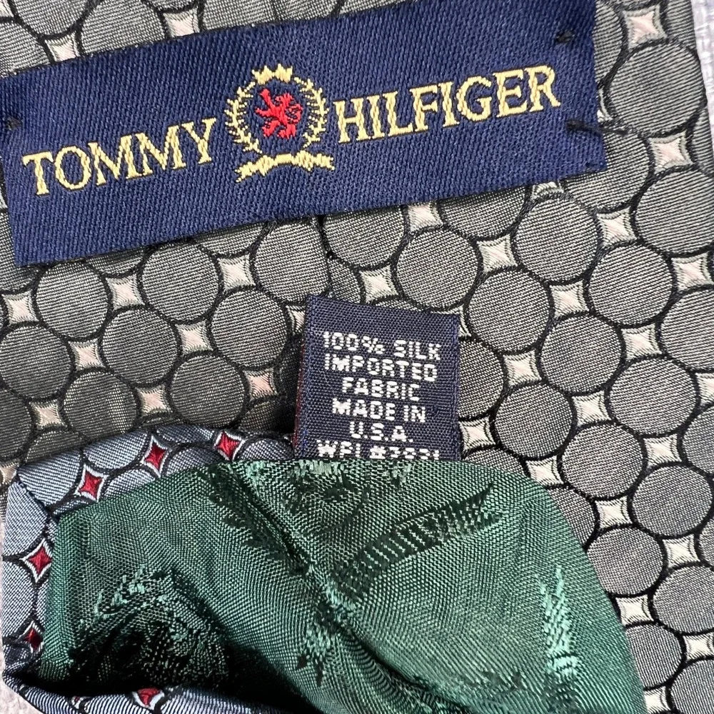 VTG Y2K Tommy Hilfiger Silk Geometric Dot Tie Men Silver Green Minimalist Formal